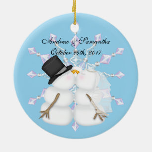 Ornement Rond En Céramique Kissing Snowmen Marié Notre Premier Noël