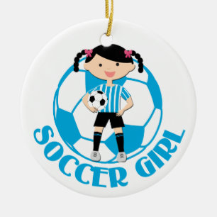 Ornement Rond En Céramique La boule de la fille 2 du football bleue et le