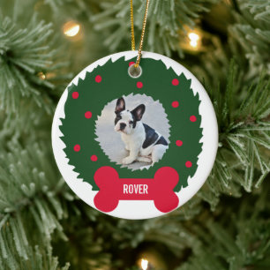 Ornement Rond En Céramique La couronne de Noël de l'amant chien avec photo d