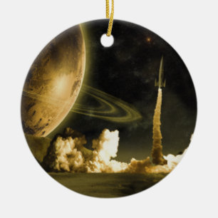 Ornement Rond En Céramique Lancement vintage de Rocket