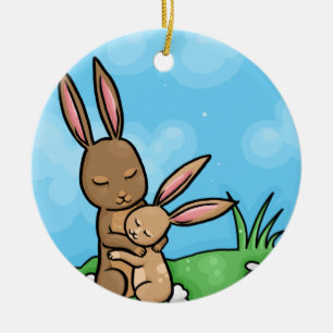 Ornement Rond En Céramique Lapin de mère et étreinte de lapin de bébé
