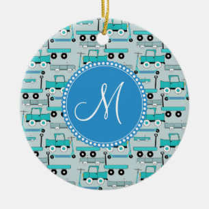 Ornement Rond En Céramique Le bleu de monogramme roule des camions de