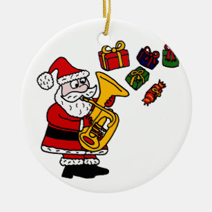 Ornement Rond En Céramique Le père noël drôle jouant l'art de Noël de tuba