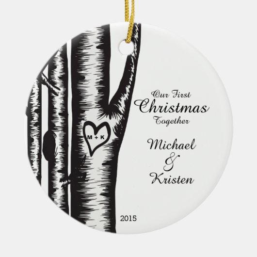 Ornement Rond En Céramique Les initiales découpées sur l'arbre couple Noël (Devant)