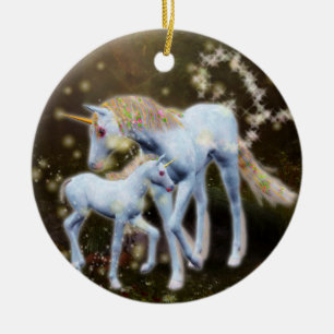 Ornement Rond En Céramique Licorne de mère et de bébé