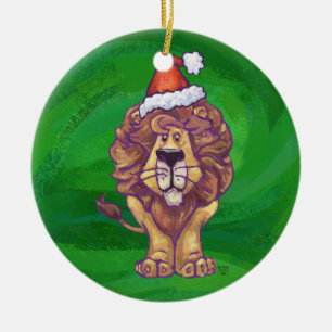 Ornement Rond En Céramique Lion Christmas on Green