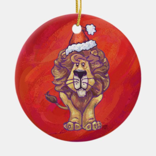 Ornement Rond En Céramique Lion de Noël sur fond rouge (Devant)