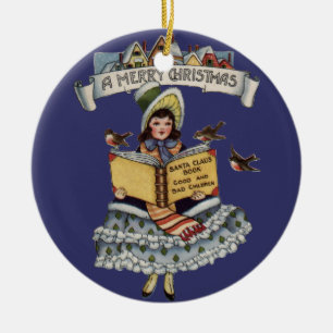 Ornement Rond En Céramique Livre de petite fille d'autrefois et Père Noël de