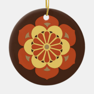 Ornement Rond En Céramique Lotus Flower Mandala, Brown, rouille et jaune