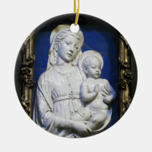 Ornement Rond En Céramique MADONNA AVEC ENFANT Sapphire Bleu Rond