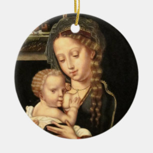 Ornement Rond En Céramique Madonna et soins d'enfant