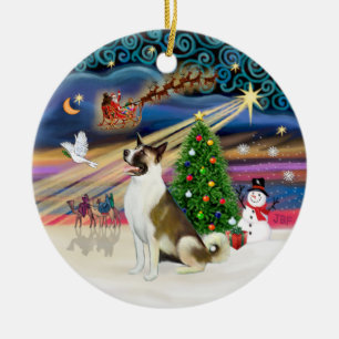 Ornement Rond En Céramique Magie de Noël - Akita (marron-blanc)