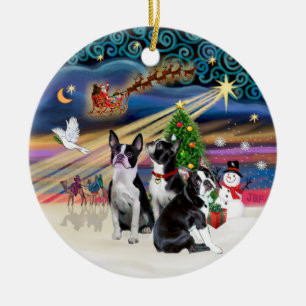 Ornement Rond En Céramique Magie de Noël - Boston Terriers (trois)