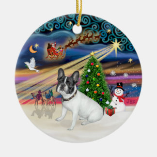 Ornement Rond En Céramique Magie de Noël - Chien-taureaux français (blanc-noi