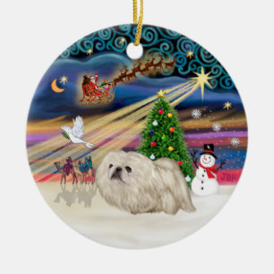Ornement Rond En Céramique Magie de Noël - Pekingese (blanc)