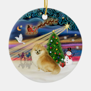 Ornement Rond En Céramique Magie de Noël - Poméranien loup sable