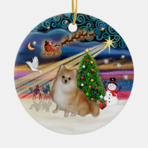 Ornement Rond En Céramique Magie de Noël - Poméranien (rouge clair)