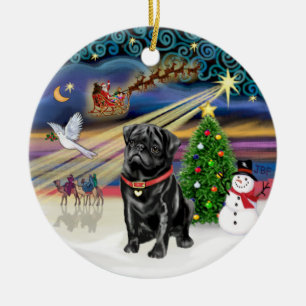 Ornement Rond En Céramique Magie de Noël - Pug noir (Rouge C2)