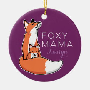 Ornement Rond En Céramique Maman rusée Fox rouge avec le chiot, personnalis