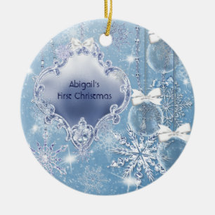 Ornement Rond En Céramique Merveilleux Noël d'Hiver Bébé Glace Bleue Premier 