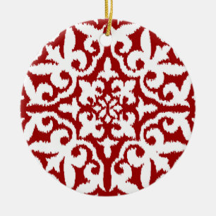 Ornement Rond En Céramique Modèle damassé Ikat - Rouge foncé et blanc
