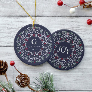 Ornement Rond En Céramique Monogramme de vacances Folk Art