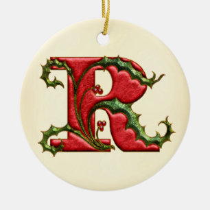 Ornement Rond En Céramique Monogramme R de houx de Noël