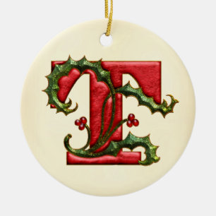 Ornement Rond En Céramique Monogramme T de houx de Noël
