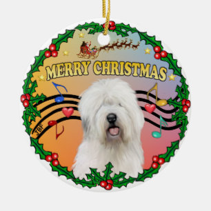 Ornement Rond En Céramique Musique de Noël 1 - Chien de berger anglais ancien