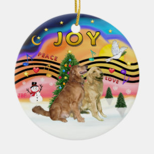 Ornement Rond En Céramique Musique de Noël 2 - Golden Retrievers (DEUX)