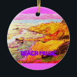 Ornement Rond En Céramique musique de plage<br><div class="desc">montre un slogan coloré laguna beach california cove avec des falaises,  sable et surf aussi "musique de plage" de la peinture originale!</div>