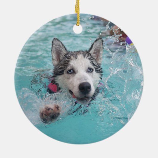 Ornement Rond En Céramique Natation mignonne de chien dans la piscine (Dos)