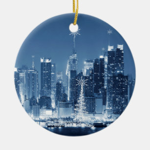 Ornement Rond En Céramique New York City Hiver Skyline Noël Ajout