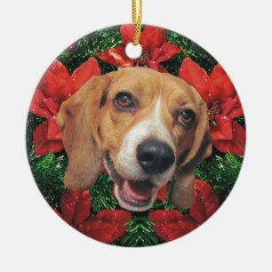 Ornement Rond En Céramique Noël de poinsettias de beagle
