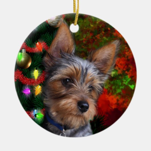 Ornement Rond En Céramique Noël de Yorkie (Devant)