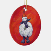 Ornement Rond En Céramique Noël des moutons sur rouge (Droite)