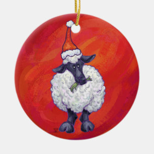 Ornement Rond En Céramique Noël des moutons sur rouge