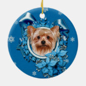 Ornement Rond En Céramique Noël - flocons de neige bleus - Yorkshire Terrier (Dos)