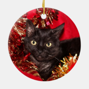 Ornement Rond En Céramique Noël noir de chat de minou
