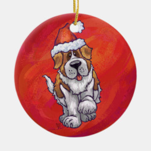 Ornement Rond En Céramique Noël Saint Bernard en rouge