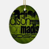 Ornement Rond En Céramique Nom personnalisé, noir et vert olive (Droite)