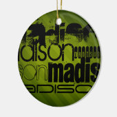 Ornement Rond En Céramique Nom personnalisé, noir et vert olive (Gauche)