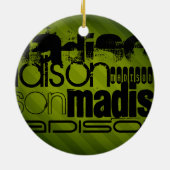 Ornement Rond En Céramique Nom personnalisé, noir et vert olive (Dos)