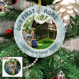 Ornement Rond En Céramique Notre première maison, flocons de neige Turquoises