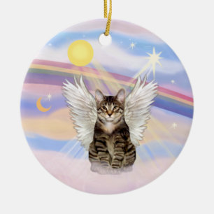 Ornement Rond En Céramique Nuages - Ange Chat Tigre Tabby Brun