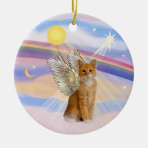 Ornement Rond En Céramique Nuages - Ange Chat Tigre Tabby Orange