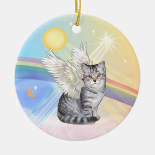Ornement Rond En Céramique Nuages - Argent Tabby Tiger Chat Angel