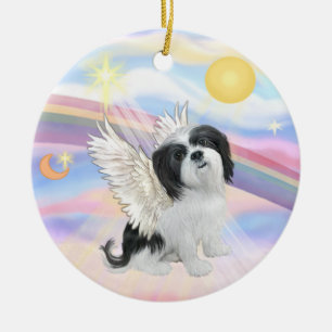 Ornement Rond En Céramique Nuages - Lhasa Apso (noir et blanc)