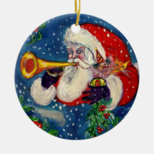 ORNEMENT ROND EN CÉRAMIQUE NUIT DE NOËL MUSICALE /SANTA CLAUS BUGLER