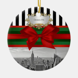 Ornement Rond En Céramique NYC Skyline Empire St Bldg Xmas Blk What Strp #2R